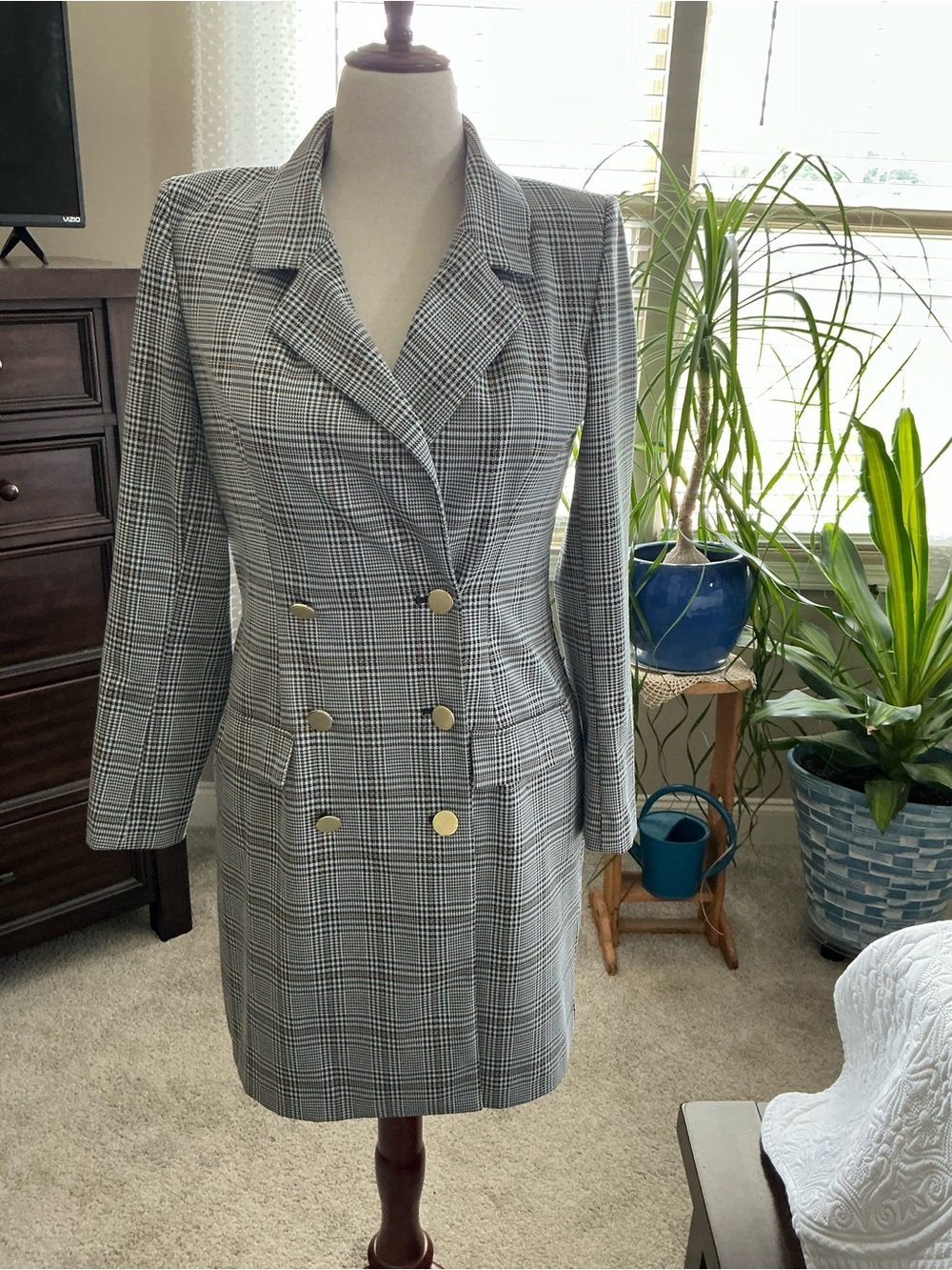 Nanette Lepore Gray Plaid Double-Breasted Blazer Dress with Gold Buttons